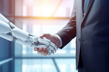 handshake between robot and human. concept of interaction between artificial intelligence and humans