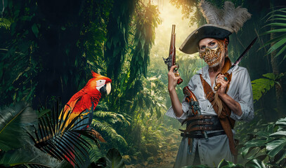 Masked Pirate Woman with Parrot in Jungle