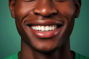 Fototapeta premium Close up image of part of the face of young African black man with wide smile with even white teeth