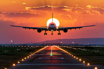Airplane landing on airport runway with sunset