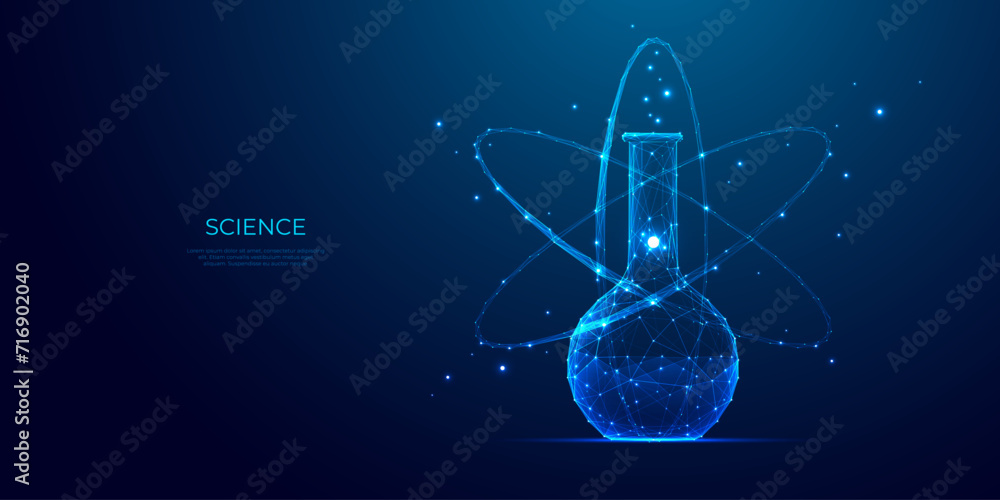 Poster science chemistry concept. abstract polygonal laboratory tube and atom symbol with 3d effect. digita