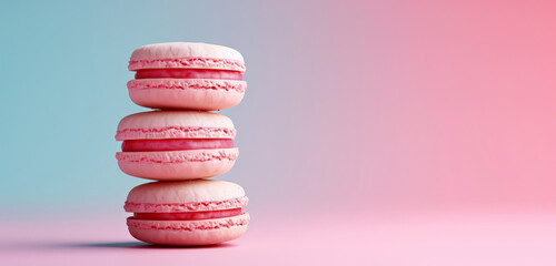 Stacked pastel macarons on a pastel pink backdrop. Ideal for text placement for advert or card.