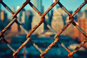 Detailed image of a rusted chain link fence with a blurred urban landscape in the background.