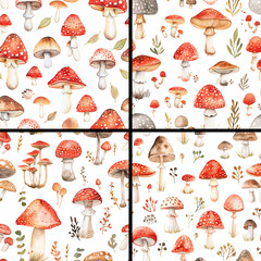 Set of 4 seamless mushrooms patterns on a white background. In watercolor style. Repeating background for textile, print and texture. Сoncept of healthy eating and vegetarianism