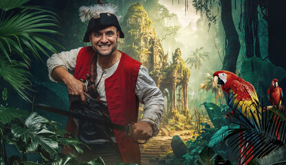Male Pirate with Parrots in Ruins