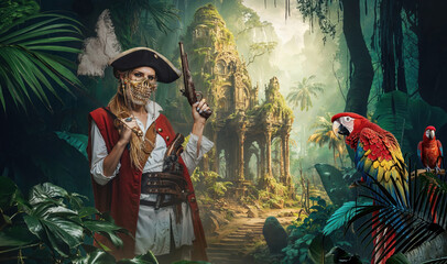 Masked Pirate Woman with Parrot in Jungle