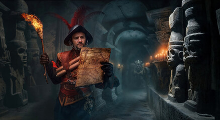 Conquistador with Torch in Ancient Ruins