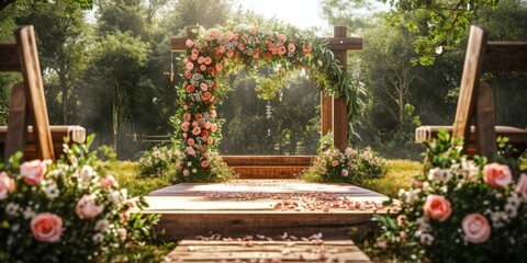Fototapeta na wymiar Flower arch for wedding events in the forest in nature Generative AI