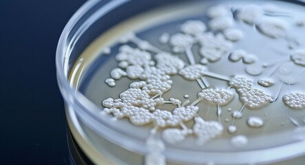 A close-up image of a petri dish with colonies of bacteria growing on it