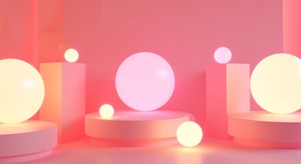 A mesmerizing image of a group of glowing spheres on a vibrant pink background.