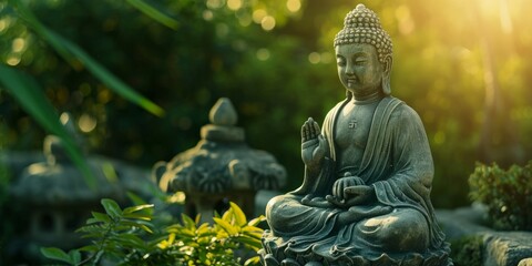 Buddha statue in green forest Generative AI