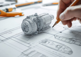 Mechanical Engineer Perfecting a Motor Design in Technical Drawing - obrazy, fototapety, plakaty