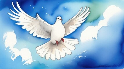 Drawing of a soaring white dove in the clouds, a symbol of the world of goodness and hope, a greeting card with space for text, watercolor