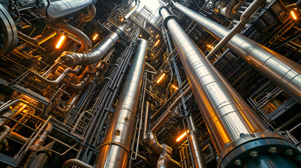 Fototapeta premium Inside an Industrial Power Plant: Complex Network of Pipes and Valves in a Chemical Factory