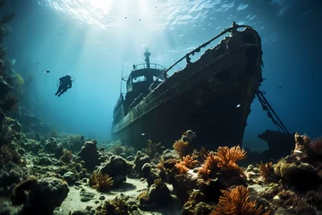 Papier Peint photo Naufrage Diver Exploring Sunken Ship in Tranquil Underwater Landscape