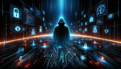 A Hacker with hood, Data protection and cyber security concept. Navigating the Digital Threat Landscape: Addressing the Surge in Cybercrime and Law Enforcement's Role. - obrazy, fototapety, plakaty