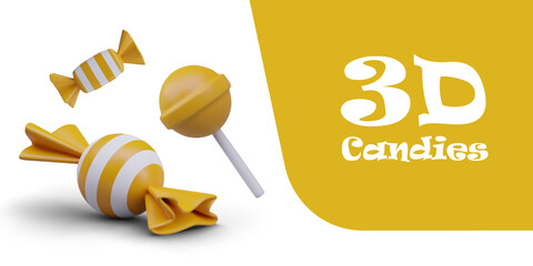 Funny composition with tasty caramels. Yellow sweet caramel on stick and round candy in striped wrapper. Trick or treat Halloween concept. Vector illustration in 3d style