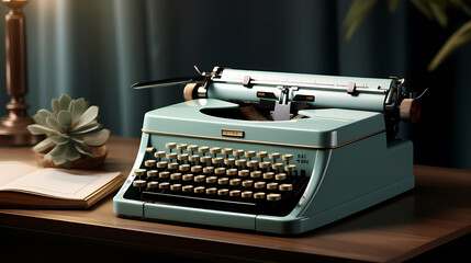 Fototapeta na wymiar Vintage Typewriter on Desk with Houseplant and Notebook in Study