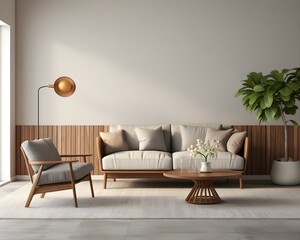 Mid-Century Modern Style Living Room Mockup, 3D Mockup Render, Interior Design