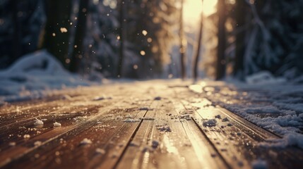 Old wooden table place of snow and snowy forest background, generative ai