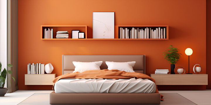 Illustration of the bedroom interior Spacious bedroom in orange color with on the walls and a natural view

