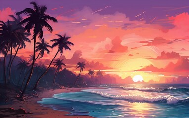Fototapeta na wymiar Illustration of a very beautiful sunset on the beach