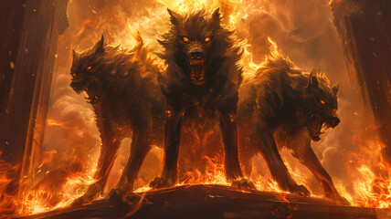 Hell Hounds Guarding the Fiery Gates of Hell - obrazy, fototapety, plakaty