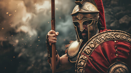 Roman Spartan Infantryman in Armor with Spear at Hand - obrazy, fototapety, plakaty