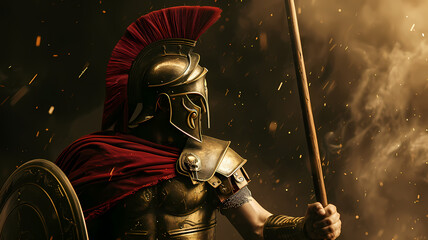 roman spartan soldier with armor and a spear - obrazy, fototapety, plakaty