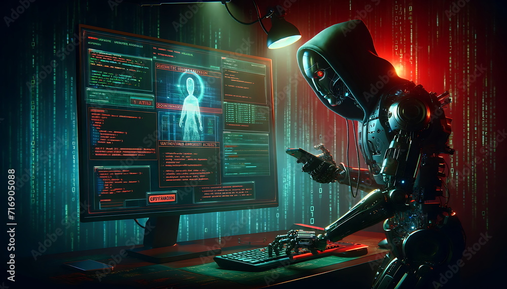 Wall mural A Hacker with hood, Data protection and cyber security concept. Navigating the Digital Threat Landscape: Addressing the Surge in Cybercrime and Law Enforcement's Role. Red background