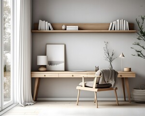 Nordic Style Home Office Mockup, 3D Mockup Render, Interior Design