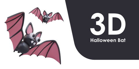 Poster with flying spooky horror traditional black bats with pink wings. Placard in black and white colors with place for text. Vector illustration in 3d style