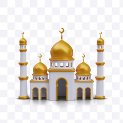 Mosque with golden domes, crescents, minarets. Realistic vector illustration