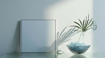 Minimalistic design concept with a plant, frame mockup, and crystal bowl on a reflective surface