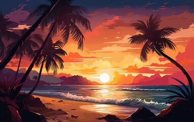 Illustration of a very beautiful sunset on the beach

