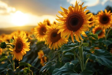 Sunflowers bloom brightly against a sunset backdrop