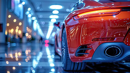 Close-up of a luxury sports car's red tail light and exhaust in a showroom, with bokeh lights.