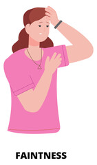 Woman with faintness. Dizzy head person. Sickness symptom