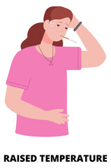 Raised temperature. Sickness symptom infographics. Woman with fever