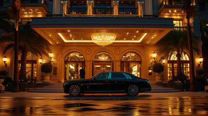A classic black luxury car in front of an illuminated upscale hotel entrance at dusk.