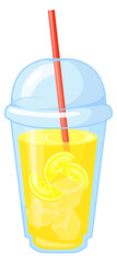 Lemonade in plastic cup with red straw. Cartoon drink icon