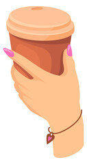 Female hand with takeaway coffee cup. Cartoon icon