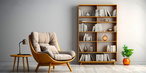 The interior of a bright living room with a cozy soft chair, shelves with books and large panoramic windows