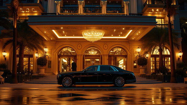 A classic black luxury car in front of an illuminated upscale hotel entrance at dusk.
