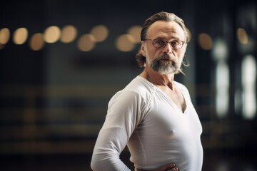 Portrait of a handsome mature man practicing ballet in a studio. With generative AI technology