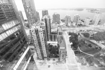 black and white aerial view of Toronto downtown with its skyscrapers