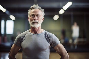 Portrait of a fitness mature man practicing ballet in a studio. With generative AI technology