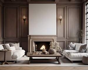 Tudor Style Living Room Mockup, 3D Mockup Render, Interior Design