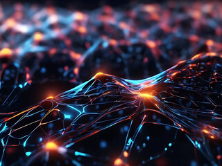 Abstract glowing virtual neural network. Futuristic coding or Artificial Intelligence concept. Seamless loop 3D animation rendered with DOF