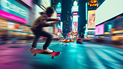 Obraz premium Skateboarder in motion on a vibrant city street at night, with colorful lights and urban energy